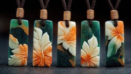 Five carved pendants, leaf and flower design