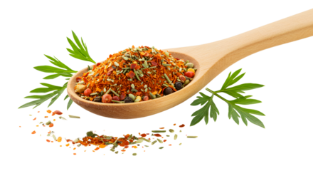 Wooden spoon with mixed dry herbs and spices over fresh green herbs, isolated on white background, perfect for cooking and seasoning