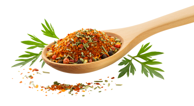 Wooden spoon with mixed dry herbs and spices over fresh green herbs, isolated on white background, perfect for cooking and seasoning