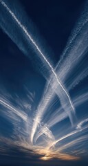 Contrails crisscross a twilight sky
