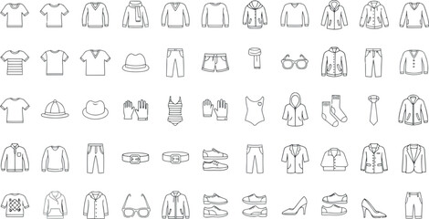 Vector art of diverse collection of clothing and fashion item icons, featuring apparel like shirts, jackets, pants, shoes, and accessories, isolated on white background transparent background