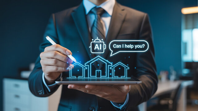 Man in suit uses tablet displaying blue A I chatbot and glowing house holograms artificial intelligence