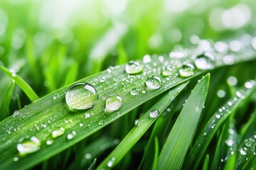 Close-up of dew drops on vibrant green grass blades, showcasing nature's beauty.