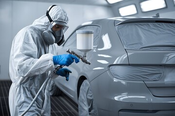 Professional auto body technician in a protective suit meticulously spray painting a vehicle in a brightly lit modern automotive repair workshop