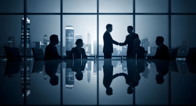 Silhouetted Business Team Handshake in Modern Blue Office Overlooking City