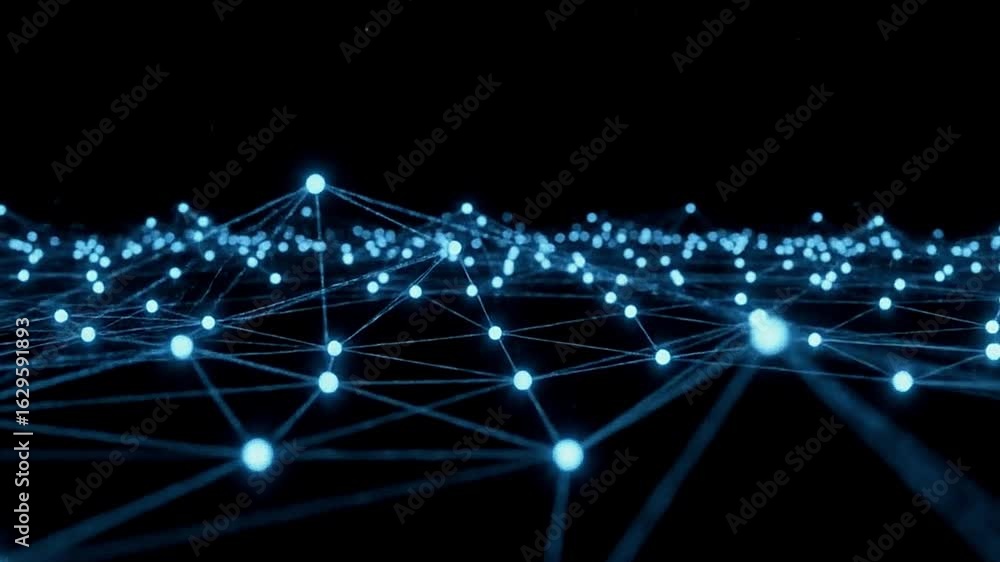 Poster a network of glowing blue nodes connected by lines against a black background