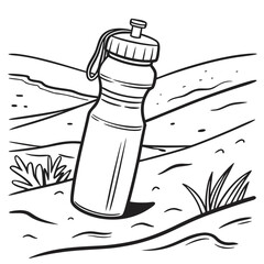 Line art illustration of a reusable water bottle standing on uneven ground with hills in the background