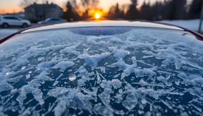 Snow-covered car windshield with sunlight shining in the background on a cold winter morning