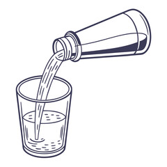 Liquid being poured from a bottle into a glass isolated on white background
