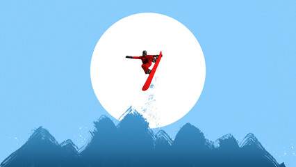 Contemporary collage of snowboarder flying above mountain silhouettes in front of sun. Concept of...