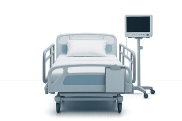 Modern hospital bed with monitor and side cabinet front view hospital bed with monitor and transparent background