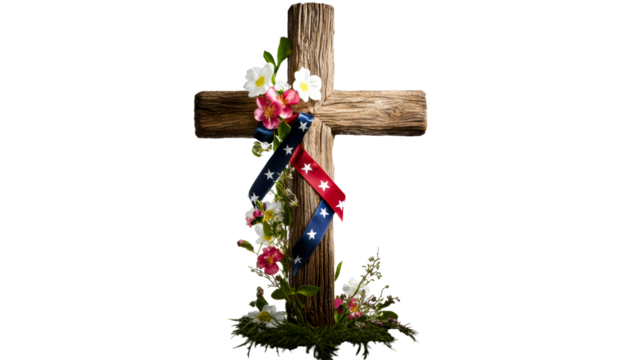 Floral ribbon adorned wooden cross on transparent BG