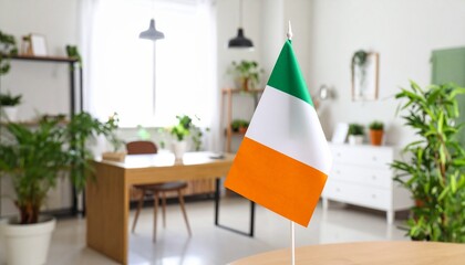 Irish flag displayed on a desk in a bright, plant-filled office.