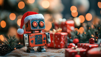 Santa robots efficiently automate gift wrapping for children in a high-tech Christmas workshop, blending holiday magic with futuristic innovation. Copy space.