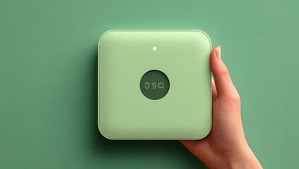 Light-green square device, held in hand, displays time