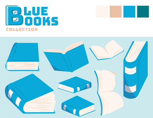 Flat vector collection of blue books in various open and closed positions. Perfect for school, library, education, or publishing-related designs.