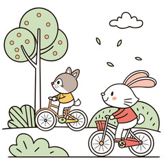 Rabbit and deer riding bicycles in nature isolated on white background