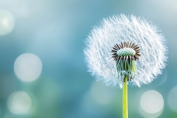 Fototapeta premium Delicate dandelion seed head against a soft blue and green bokeh background