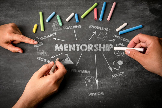 MENTORSHIP Concept. Illustration with icons, arrows and keywords on a black chalkboard background - Powered by Adobe