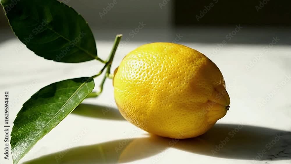 Poster a single lemon with leaves rests on a light surface casting a shadow