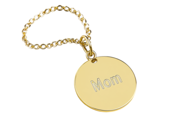 Gold necklace with engraved Mom pendant on transparent background
