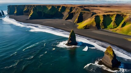 Dramatic coastline with black sand beach, basalt sea stacks, and rugged cliffs bathed in golden hour light under a clear sky