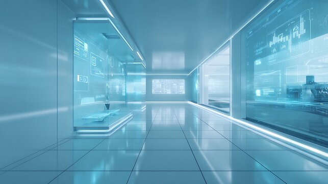 Futuristic Hallway with Glowing Displays and Sleek Design Elements