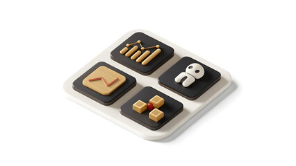 3D AI in Business Icon Set: Smart Assistant, Analytics, Automation, Predictive Insights in Modern Clay Style

