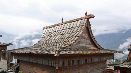 Naklejka premium Shree Narayan Nagin devi ji Mandir of Kalpa and Fort, The Wooden Architecture and Carvings of Hindu Deities on it, Kalpa, Himachal Pradesh, India.