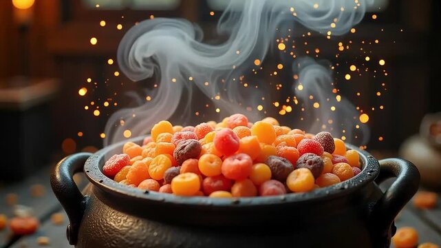 A steaming cauldron filled with colorful candies with a dark background and bokeh lights around it