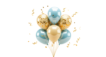 Blue and gold balloons with confetti and curly ribbons, celebration concept, perfect for birthday parties