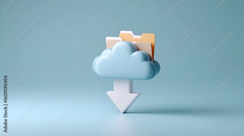 Poster 3d cloud icon with floating file folders and download arrow