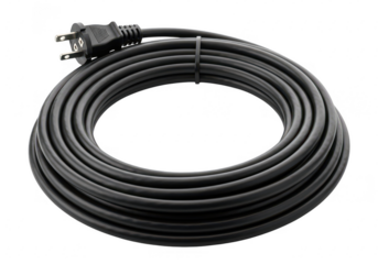 Black electrical cord coiled with plug isolated on a transparent background cable