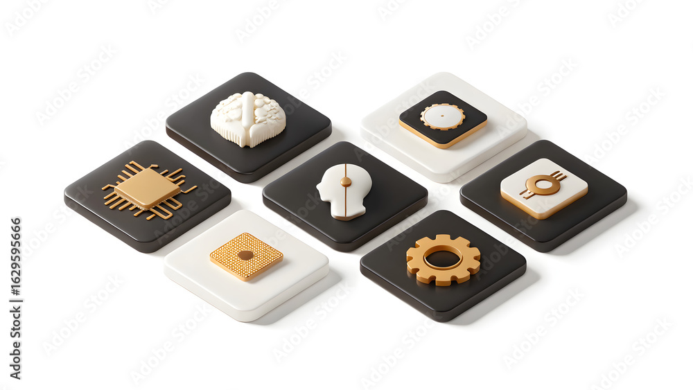 Poster 3d ai icon set: neural network, robot head, chip, data flow