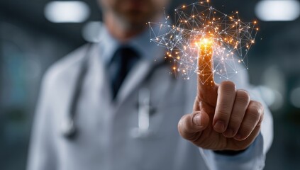 Doctor's finger interacts with glowing network