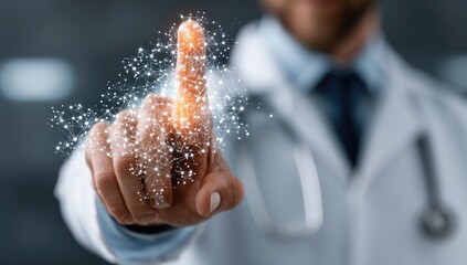 Doctor's finger touches digital network
