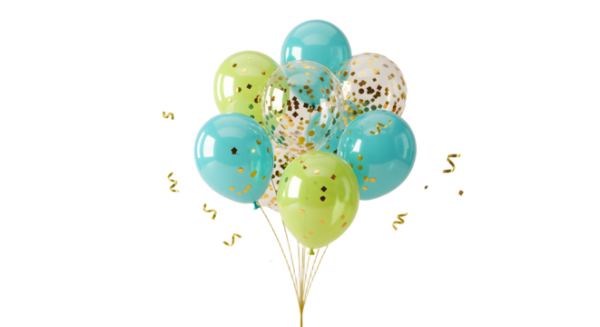 Blue and yellow balloons with gold confetti and curly ribbons on white background, festive decoration perfect for birthday parties - Powered by Adobe