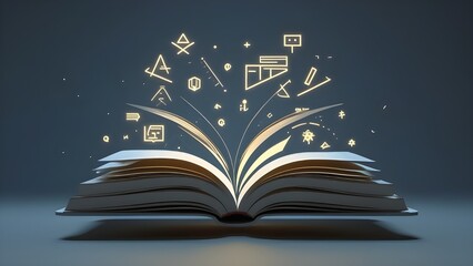 Futuristic glowing open book with floating digital symbols, abstract knowledge and data visualization concept in dark background, perfect for tech, AI, or educational themes.
