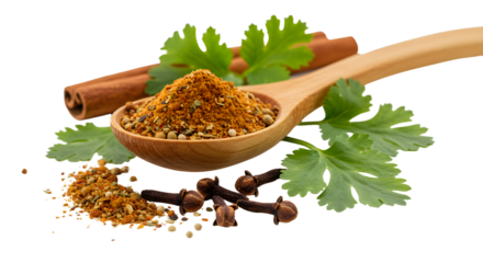 Cajun seasoning with fresh parsley, cinnamon sticks, and cloves on wooden spoon, perfect for cooking and grilling