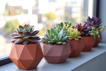 A row of succulents in geometric pots sits on a windowsill, bathed in sunlight.