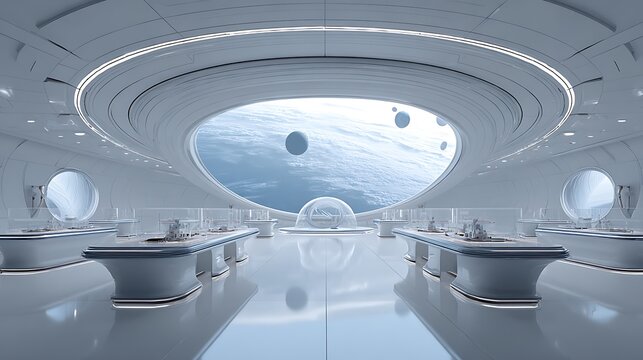 Futuristic Space Station Interior with Earth View and Floating Spheres