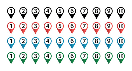 Colorful Location pin icons with number, Location pin icons with number, Map Marker Graphics