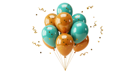 Cluster of orange and teal balloons with confetti decoration, perfect for birthday parties and celebrations
