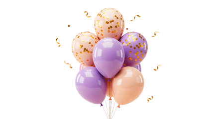 Cluster of purple and peach latex balloons with gold confetti floating on white background, perfect for birthday parties and celebrations