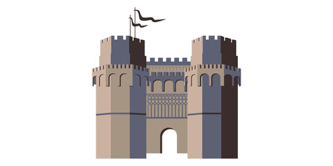 Vector illustration of the Gothic city gate between the Serranos Towers in Valencia, Spain. 14th-century medieval architecture with arched entrance and crenellated towers