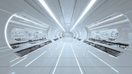 Obraz premium Futuristic White Corridor with Glowing Lights and Advanced Technology Views