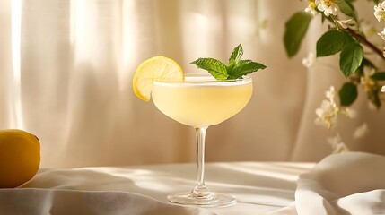 Ivory cocktail garnished with a lemon slice and mint set against a vibrant ivory backdrop featuring elegant details and warm tones