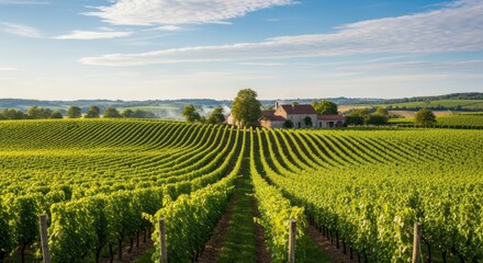 Naklejka premium Sun-drenched Vineyard Hills, Lush Green Summer Landscape