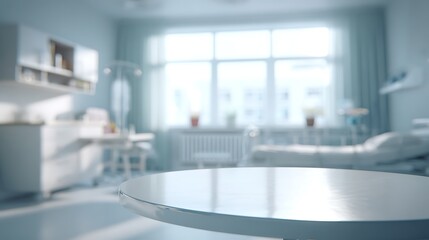 Modern Hospital Room with Table in Foreground, Blurred Background, Bright Light