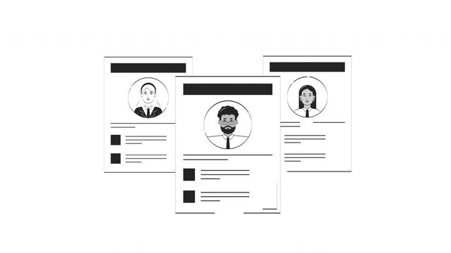 Job resume paper sheets with diverse candidates profiles outline hand drawn 2D object animation. Employee CVs. HR screening pages animated element handdrawn isolated. Doodle drawing 4K video
